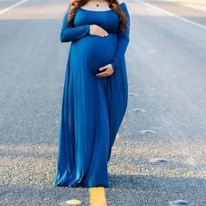 Dark Teal Solid Off Shoulder Maternity Maxi Dress